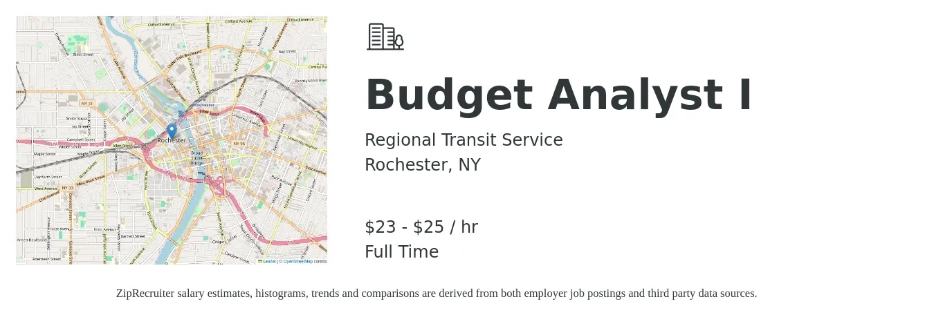 Regional Transit Service job posting for a Budget Analyst I in Rochester, NY with a salary of $24 to $26 Hourly with a map of Rochester location.