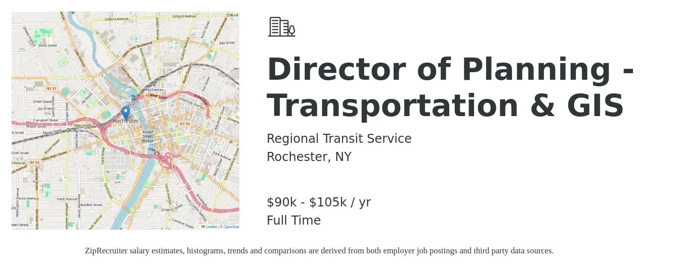 Regional Transit Service job posting for a Director of Planning - Transportation & GIS in Rochester, NY with a salary of $90,000 to $105,000 Yearly with a map of Rochester location.