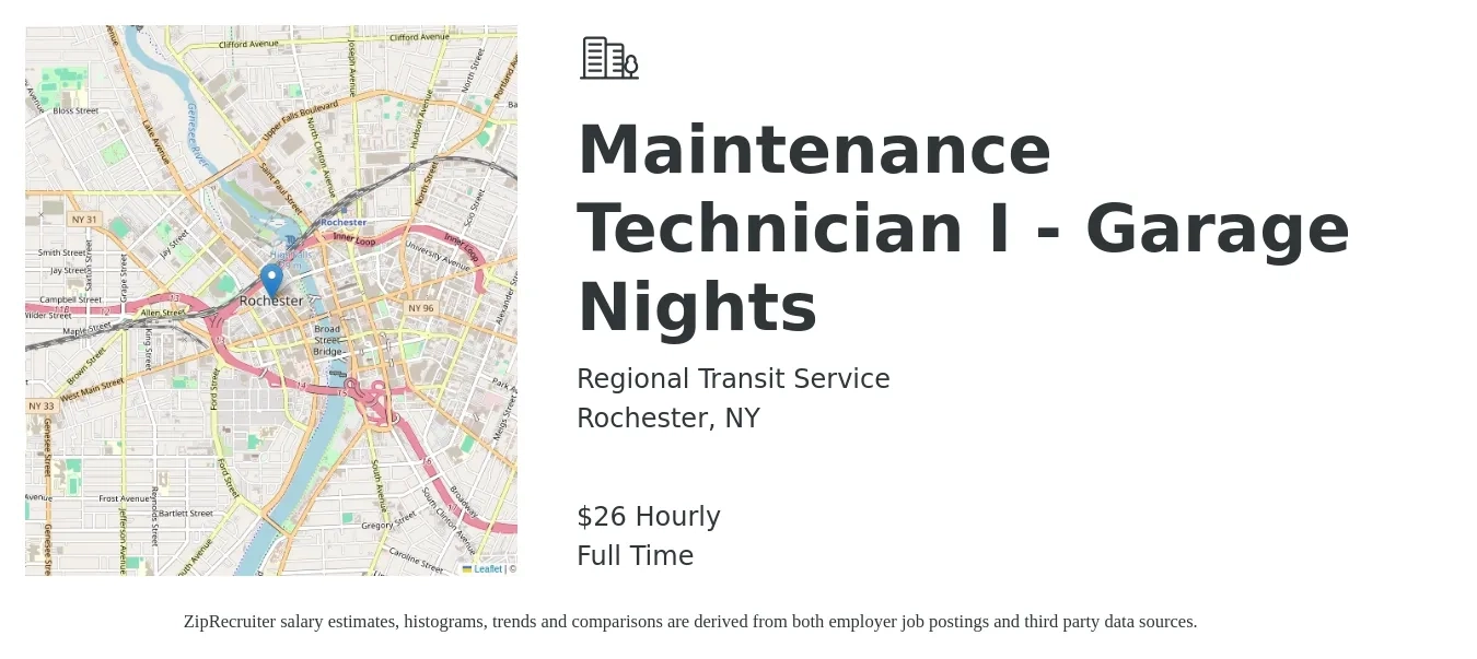 Regional Transit Service job posting for a Maintenance Technician I - Garage Nights in Rochester, NY with a salary of $27 Hourly with a map of Rochester location.