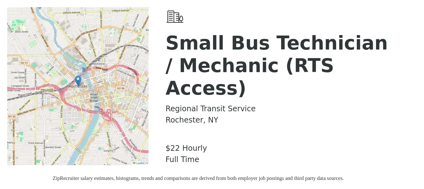 Regional Transit Service job posting for a Small Bus Technician / Mechanic (RTS Access) in Rochester, NY with a salary of $23 Hourly with a map of Rochester location.