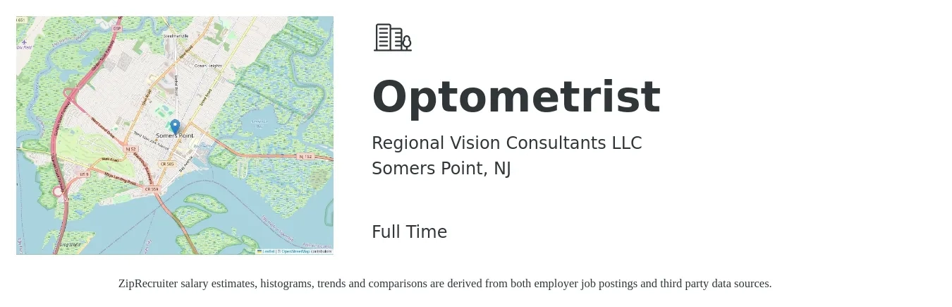Regional Vision Consultants LLC job posting for a Optometrist in Somers Point, NJ with a salary of $99,800 to $148,700 Yearly with a map of Somers Point location.