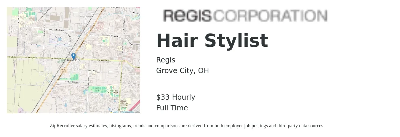 Regis job posting for a Hair Stylist in Grove City, OH with a salary of $35 Hourly with a map of Grove City location.