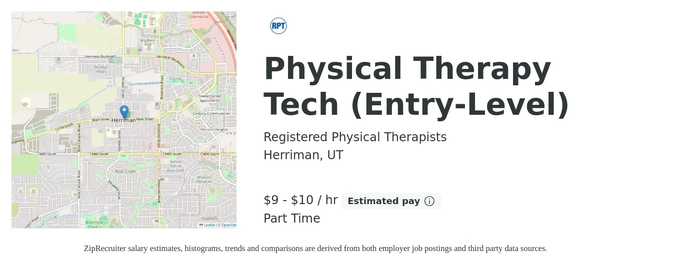 Registered Physical Therapists job posting for a Physical Therapy Tech (Entry-Level) in Herriman, UT with a salary of $10 to $11 Hourly with a map of Herriman location.
