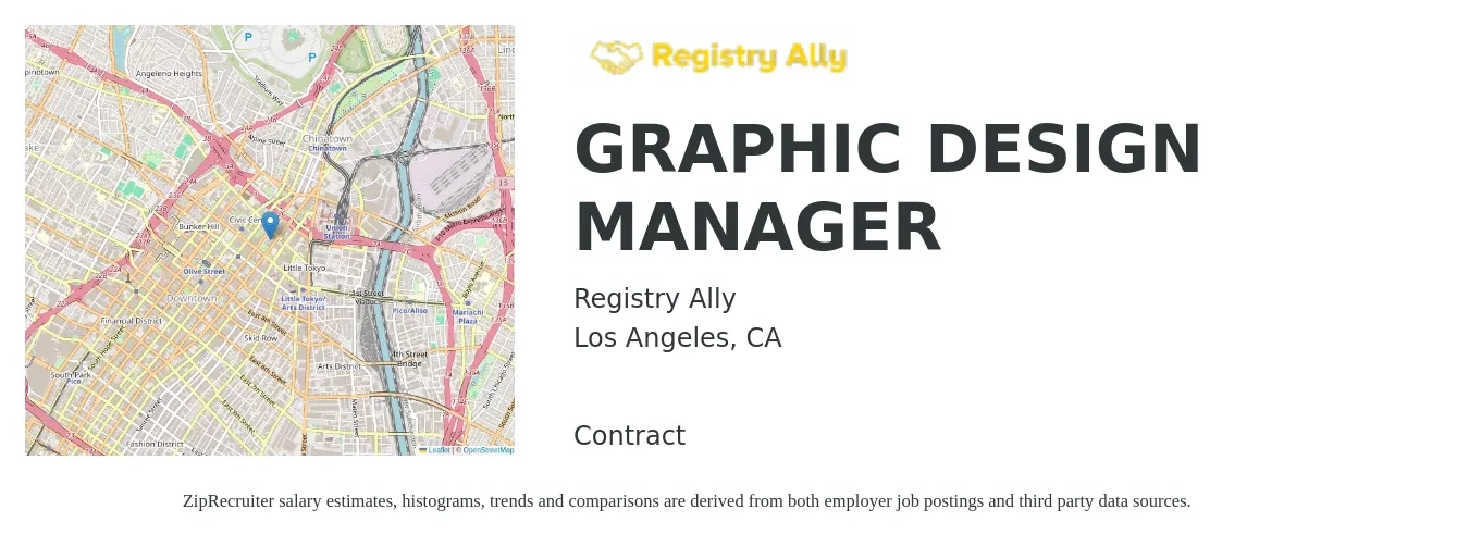 Registry Ally, Inc. job posting for a GRAPHIC DESIGN MANAGER in Los Angeles, CA with a salary of $66,300 to $87,300 Yearly with a map of Los Angeles location.
