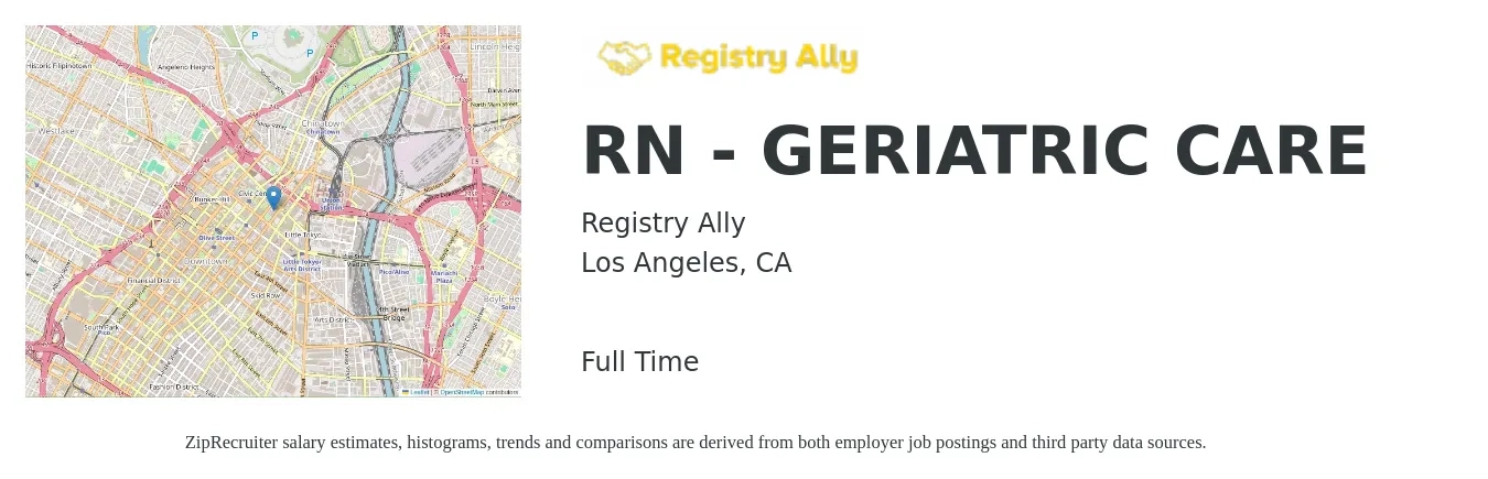 Registry Ally job posting for a RN - GERIATRIC CARE in Los Angeles, CA with a salary of $75,400 to $130,400 Yearly with a map of Los Angeles location.