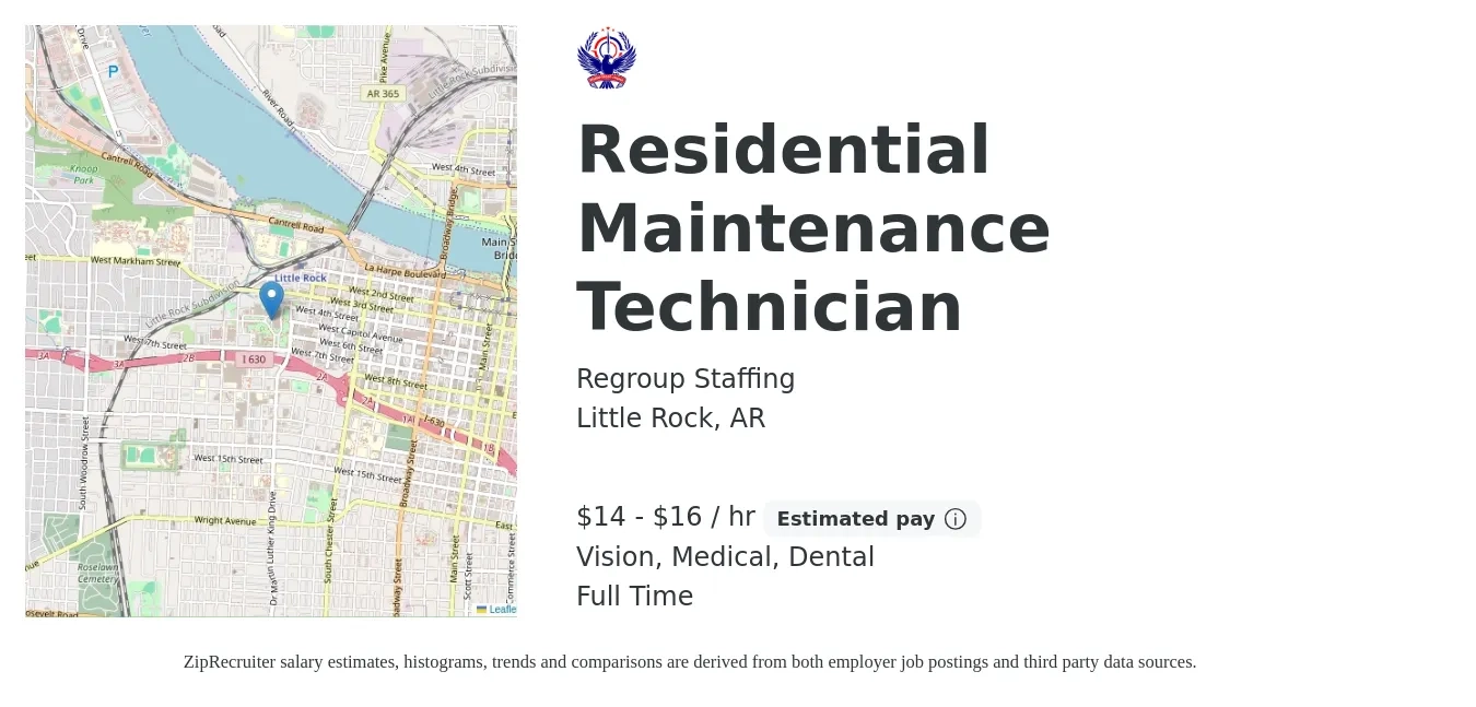 Regroup Staffing job posting for a Residential Maintenance Technician in Little Rock, AR with a salary of $16 to $20 Hourly and benefits including dental, life_insurance, medical, pto, retirement, and vision with a map of Little Rock location.