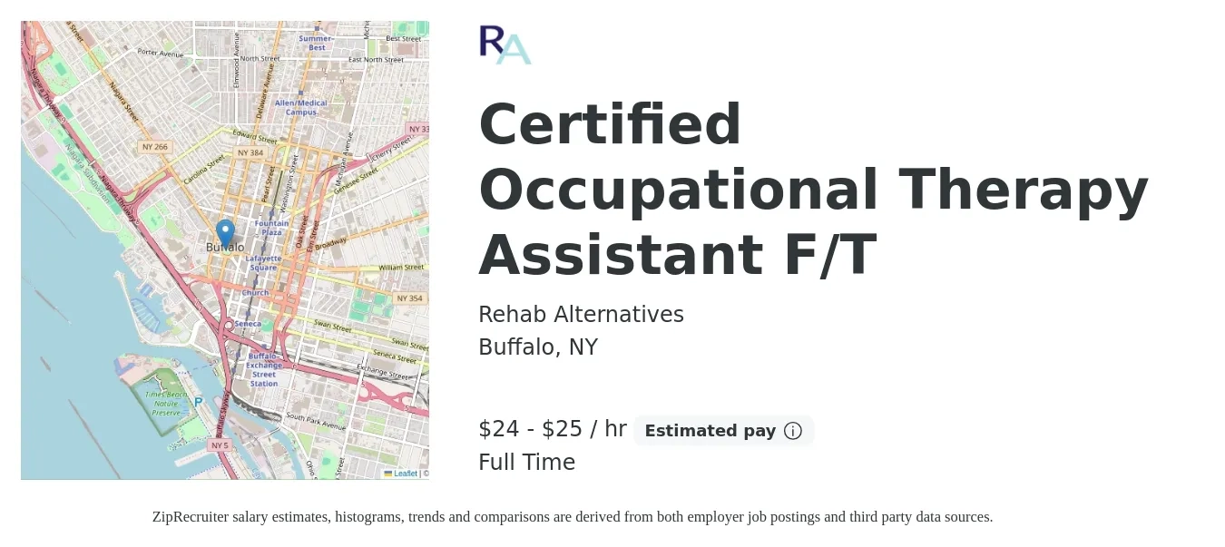 Rehab Alternatives job posting for a Certified Occupational Therapy Assistant F/T in Buffalo, NY with a salary of $25 to $27 Hourly with a map of Buffalo location.