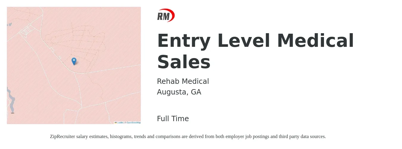 Rehab Medical job posting for a Entry Level Medical Sales in Augusta, GA with a salary of $44,200 to $71,000 Yearly with a map of Augusta location.