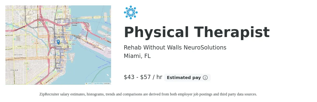 Rehab Without Walls NeuroSolutions job posting for a Physical Therapist in Miami, FL with a salary of $45 to $60 Hourly with a map of Miami location.