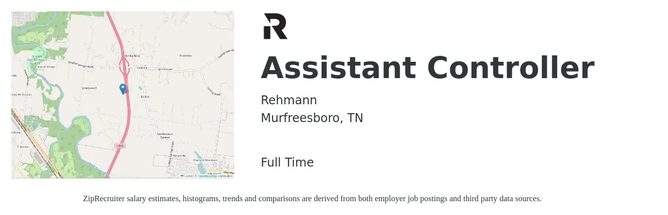 Rehmann job posting for a Assistant Controller in Murfreesboro, TN with a salary of $73,700 to $105,000 Yearly with a map of Murfreesboro location.