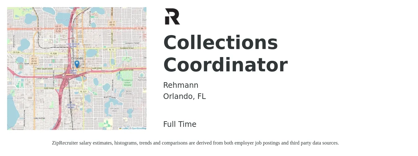 Rehmann job posting for a Collections Coordinator in Orlando, FL with a salary of $16 to $23 Hourly with a map of Orlando location.