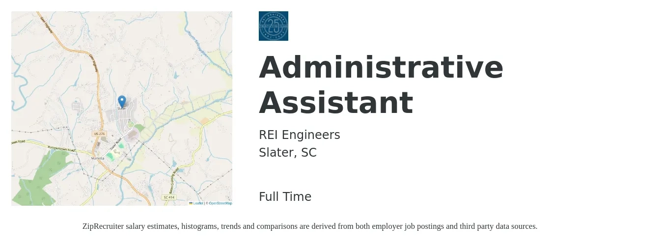 REI Engineers job posting for a Administrative Assistant in Slater, SC with a salary of $17 to $22 Hourly with a map of Slater location.