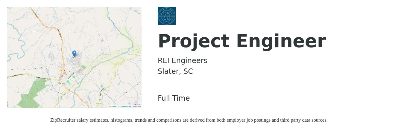 REI Engineers job posting for a Project Engineer in Slater, SC with a salary of $69,000 to $96,500 Yearly with a map of Slater location.