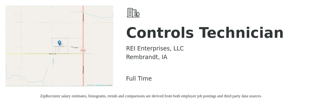 REI Enterprises, LLC job posting for a Controls Technician in Rembrandt, IA with a salary of $28 to $37 Hourly with a map of Rembrandt location.