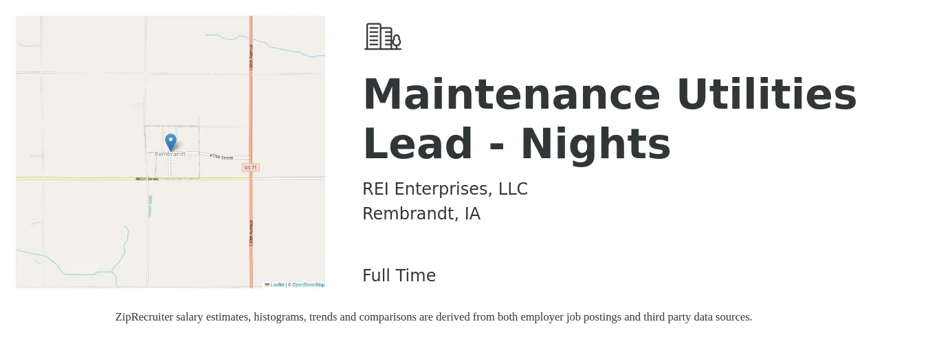 REI Enterprises, LLC job posting for a Maintenance Utilities Lead - Nights in Rembrandt, IA with a salary of $27 to $28 Hourly with a map of Rembrandt location.