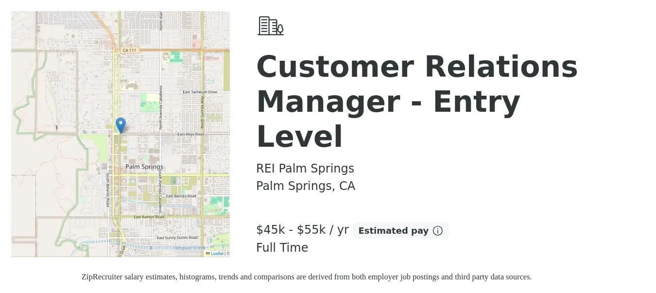 REI Palm Springs job posting for a Customer Relations Manager - Entry Level in Palm Springs, CA with a salary of $45,000 to $55,000 Yearly with a map of Palm Springs location.
