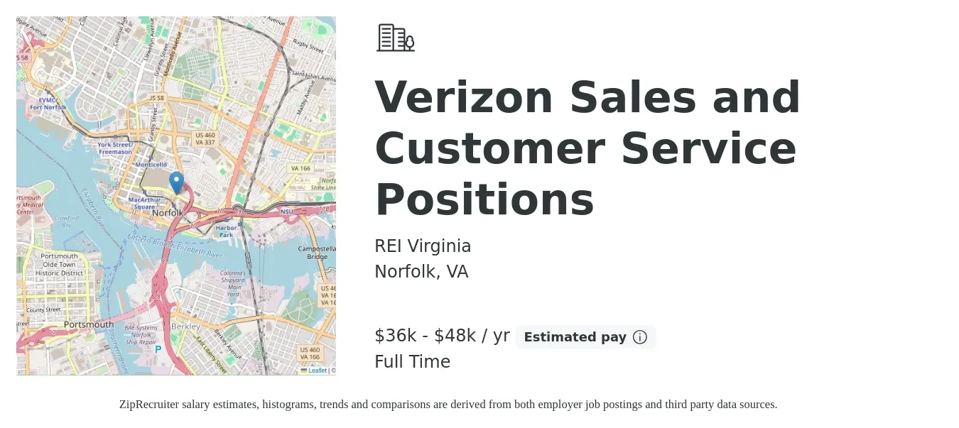 REI Virginia job posting for a Verizon Sales and Customer Service Positions in Norfolk, VA with a salary of $36,000 to $48,000 Yearly with a map of Norfolk location.