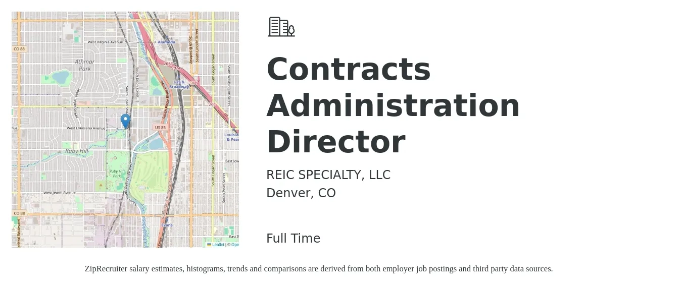 REIC SPECIALTY, LLC job posting for a Contracts Administration Director in Denver, CO with a salary of $81,800 to $117,900 Yearly with a map of Denver location.