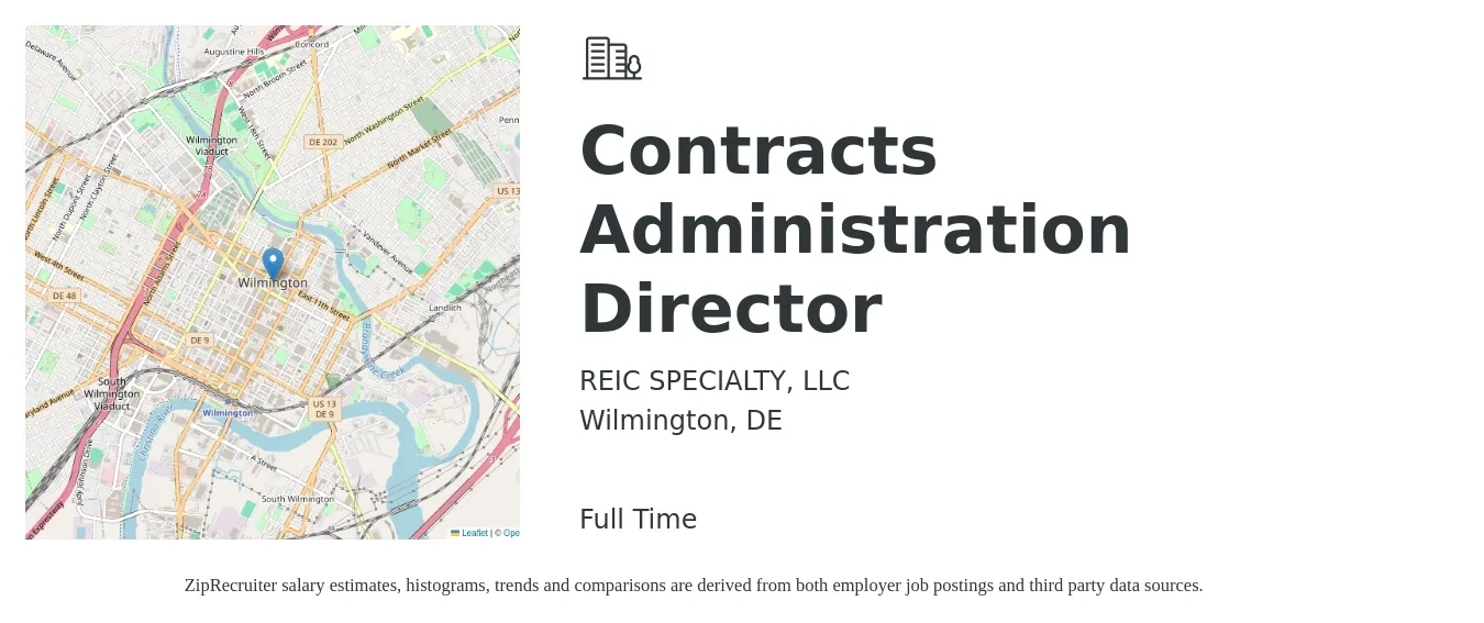 REIC SPECIALTY, LLC job posting for a Contracts Administration Director in Wilmington, DE with a salary of $77,100 to $111,100 Yearly with a map of Wilmington location.