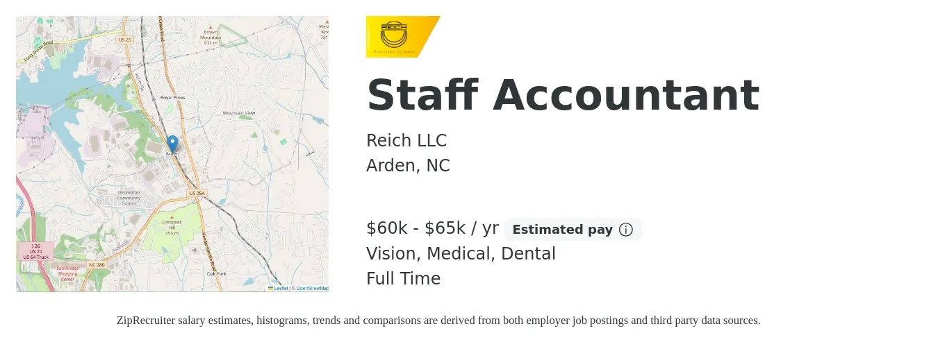 Reich LLC job posting for a Staff Accountant in Arden, NC with a salary of $60,000 to $65,000 Yearly and benefits including dental, life_insurance, medical, pto, retirement, and vision with a map of Arden location.