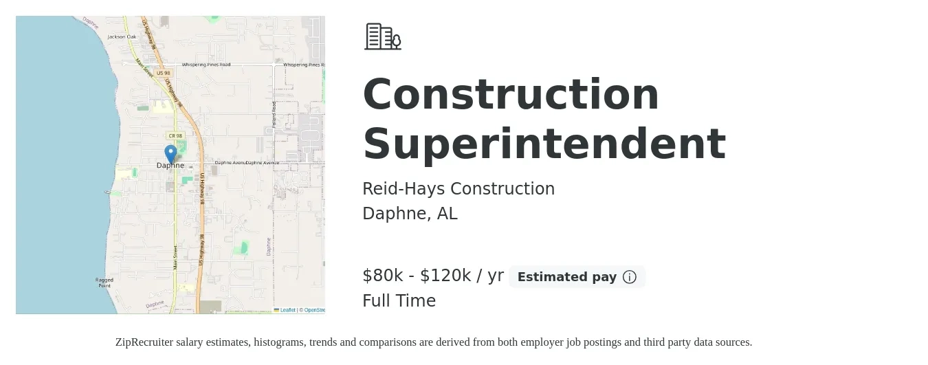 Reid-Hays Construction job posting for a Construction Superintendent in Daphne, AL with a salary of $80,000 to $120,000 Yearly with a map of Daphne location.