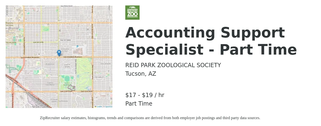 REID PARK ZOOLOGICAL SOCIETY job posting for a Accounting Support Specialist - Part Time in Tucson, AZ with a salary of $18 to $20 Hourly with a map of Tucson location.