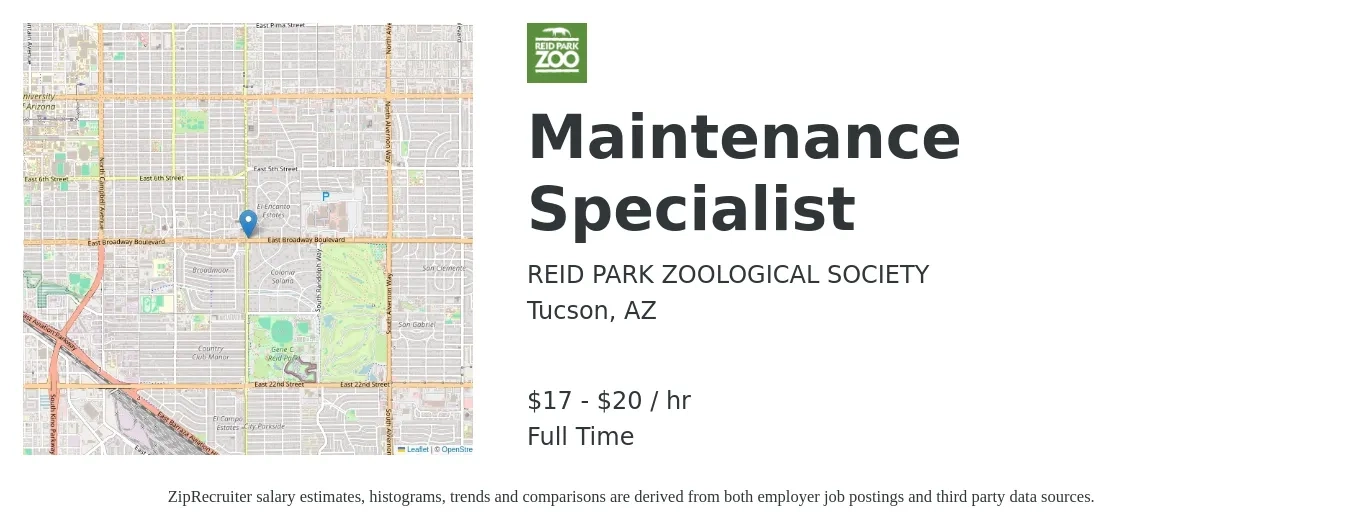 REID PARK ZOOLOGICAL SOCIETY job posting for a Maintenance Specialist in Tucson, AZ with a salary of $18 to $21 Hourly with a map of Tucson location.