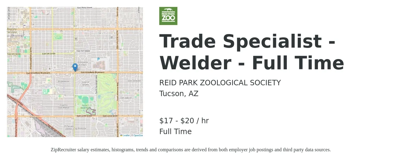 REID PARK ZOOLOGICAL SOCIETY job posting for a Trade Specialist - Welder - Full Time in Tucson, AZ with a salary of $18 to $21 Hourly with a map of Tucson location.