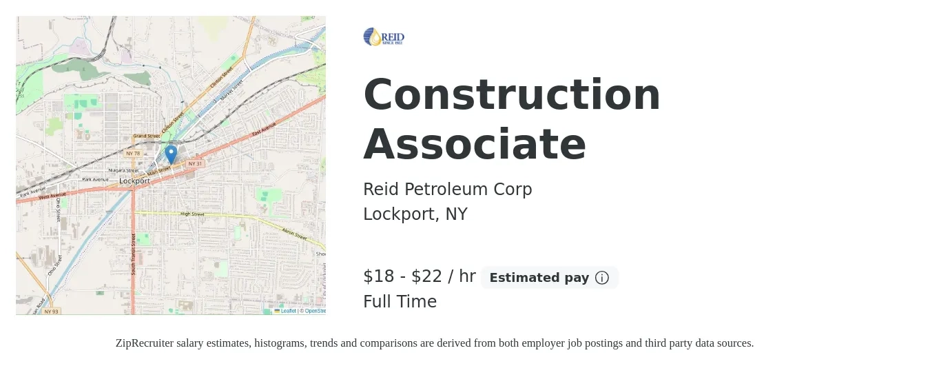 Reid Petroleum Corp job posting for a Construction Associate in Lockport, NY with a salary of $19 to $23 Hourly with a map of Lockport location.