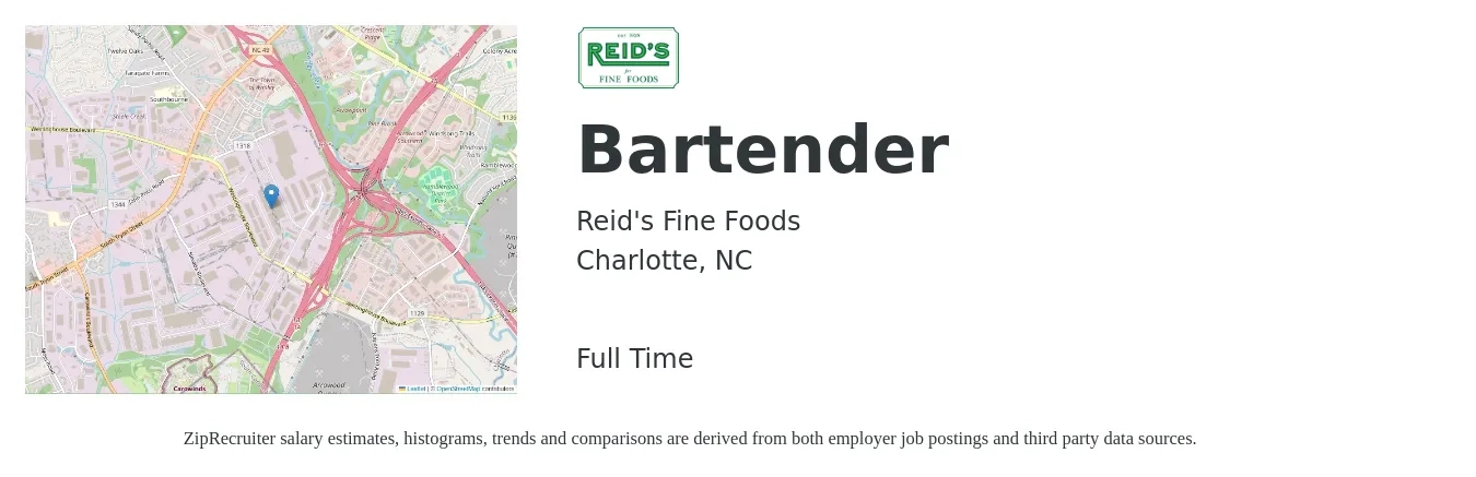 Reid's Fine Foods job posting for a Bartender in Charlotte, NC with a salary of $5 to $10 Hourly with a map of Charlotte location.