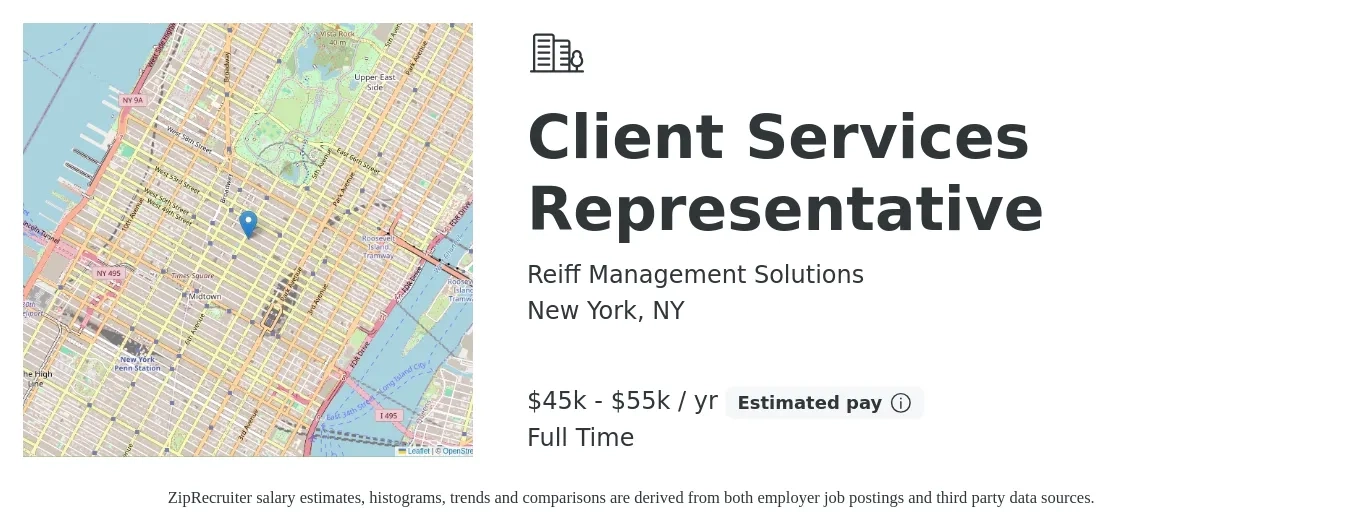 Reiff Management Solutions job posting for a Client Services Representative in New York, NY with a salary of $17 to $23 Hourly with a map of New York location.