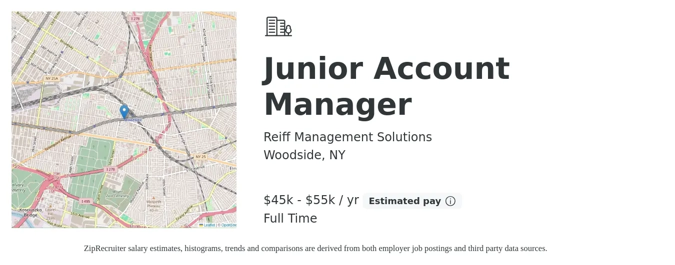 Reiff Management Solutions job posting for a Junior Account Manager in Woodside, NY with a salary of $45,000 to $55,000 Yearly with a map of Woodside location.
