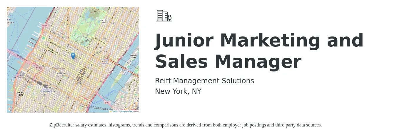 Reiff Management Solutions job posting for a Junior Marketing and Sales Manager in New York, NY with a salary of $45,000 to $55,000 Yearly with a map of New York location.