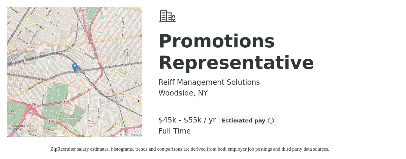 Reiff Management Solutions job posting for a Promotions Representative in Woodside, NY with a salary of $45,000 to $55,000 Yearly with a map of Woodside location.