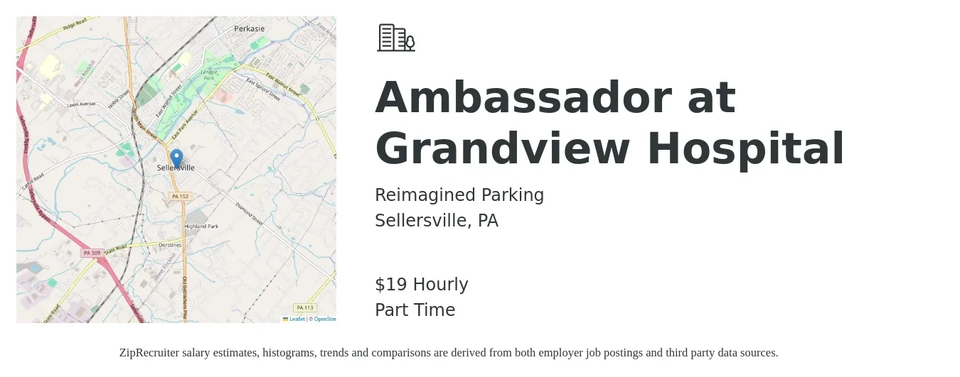 Reimagined Parking job posting for a Ambassador at Grandview Hospital in Sellersville, PA with a salary of $20 Hourly with a map of Sellersville location.
