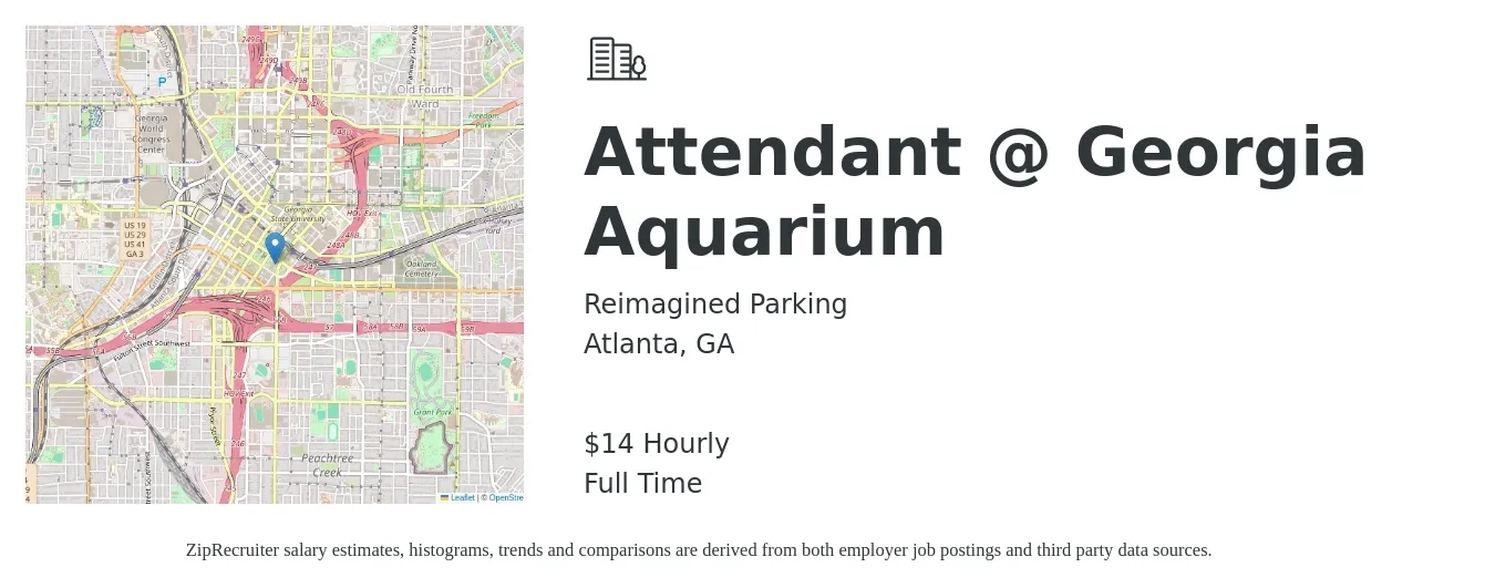 Reimagined Parking job posting for a Attendant @ Georgia Aquarium in Atlanta, GA with a salary of $14 to $17 Hourly with a map of Atlanta location.