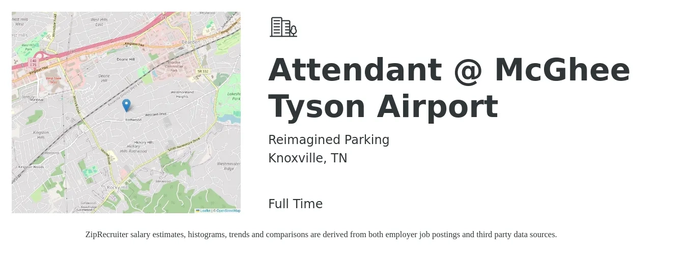 Reimagined Parking job posting for a Attendant @ McGhee Tyson Airport in Knoxville, TN with a salary of $14 to $17 Hourly with a map of Knoxville location.