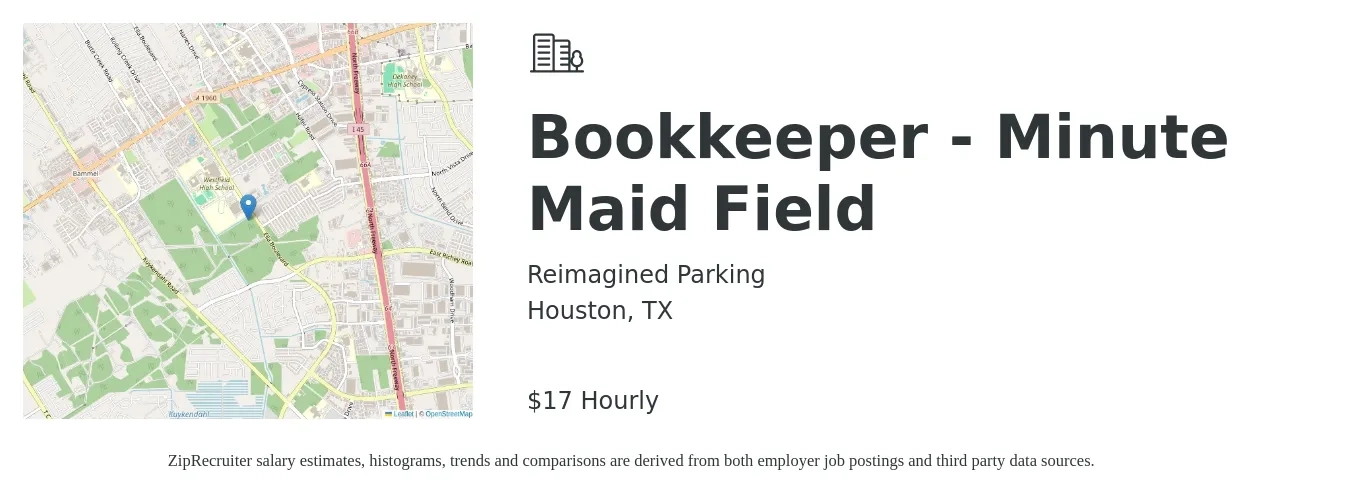 Reimagined Parking job posting for a Bookkeeper - Minute Maid Field in Houston, TX with a salary of $20 to $28 Hourly with a map of Houston location.