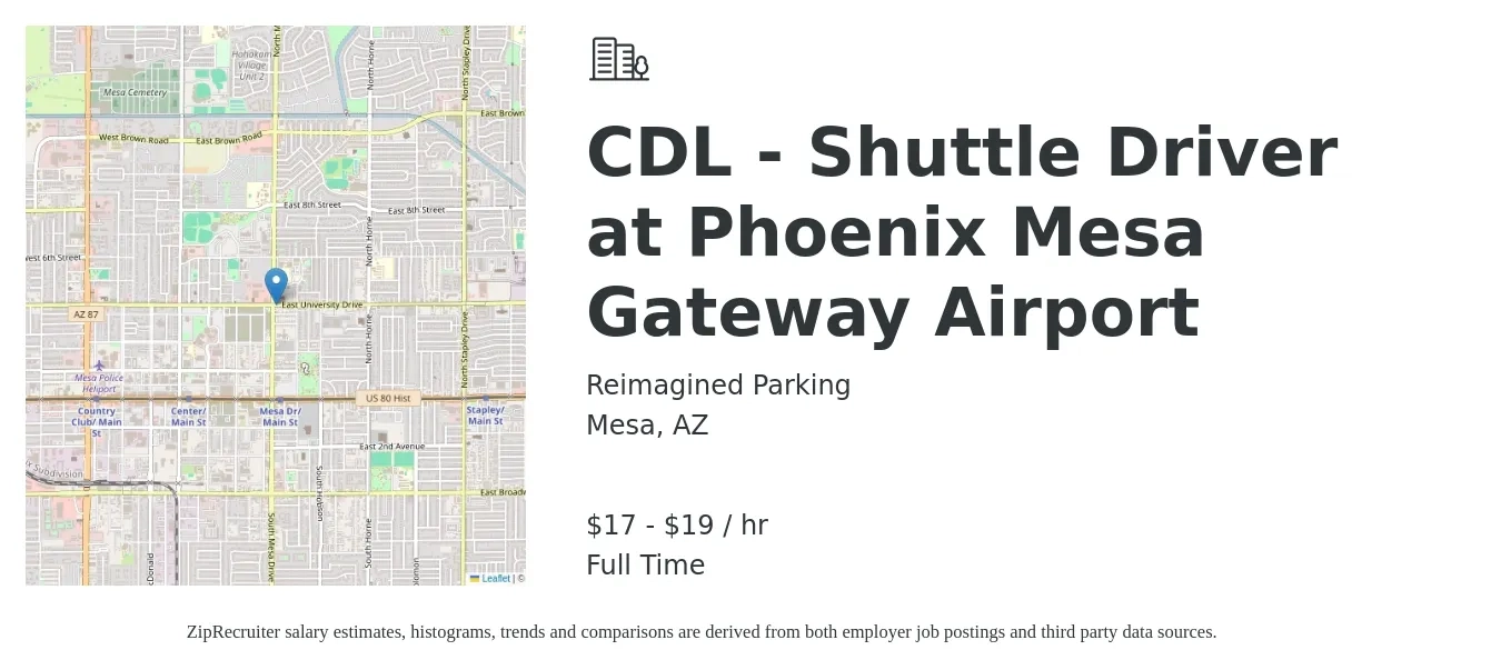 Reimagined Parking job posting for a CDL - Shuttle Driver at Phoenix Mesa Gateway Airport in Mesa, AZ with a salary of $15 to $21 Hourly with a map of Mesa location.