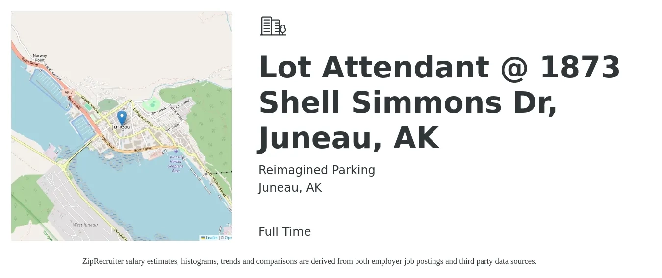 Reimagined Parking job posting for a Lot Attendant @ 1873 Shell Simmons Dr, Juneau, AK in Juneau, AK with a salary of $16 to $19 Hourly with a map of Juneau location.