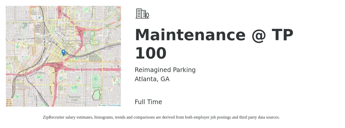 Reimagined Parking job posting for a Maintenance @ TP 100 in Atlanta, GA with a salary of $23 to $38 Hourly with a map of Atlanta location.