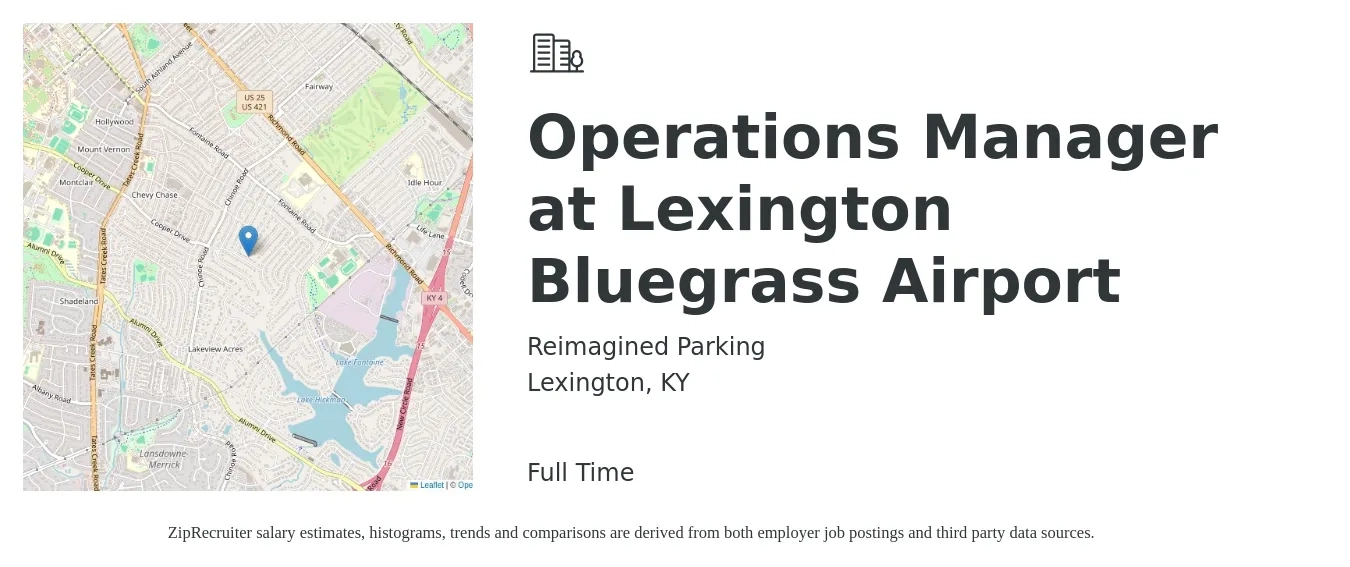 Reimagined Parking job posting for a Operations Manager at Lexington Bluegrass Airport in Lexington, KY with a salary of $40,800 to $77,000 Yearly with a map of Lexington location.