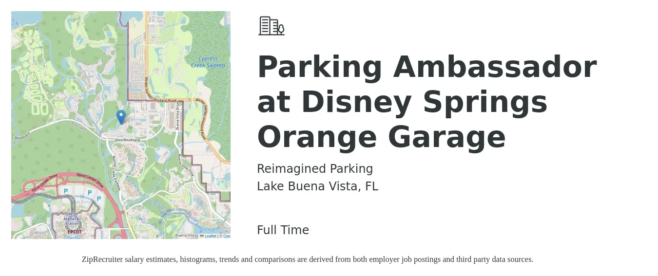 Reimagined Parking job posting for a Parking Ambassador at Disney Springs Orange Garage in Lake Buena Vista, FL with a map of Lake Buena Vista location.