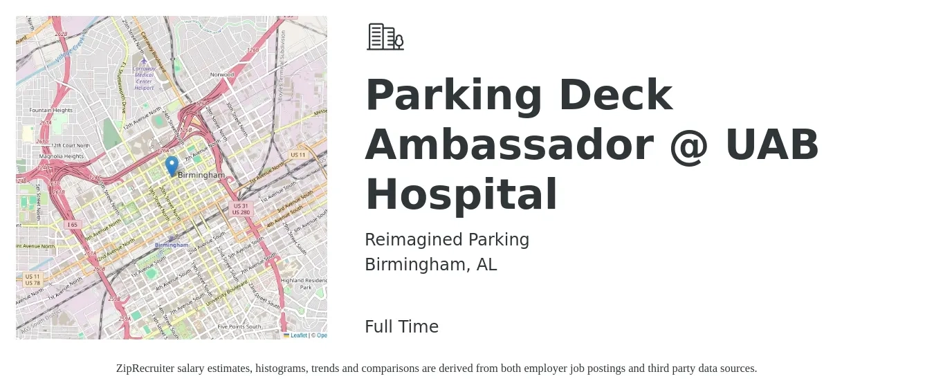 Reimagined Parking job posting for a Parking Deck Ambassador @ UAB Hospital in Birmingham, AL with a salary of $14 to $17 Hourly with a map of Birmingham location.