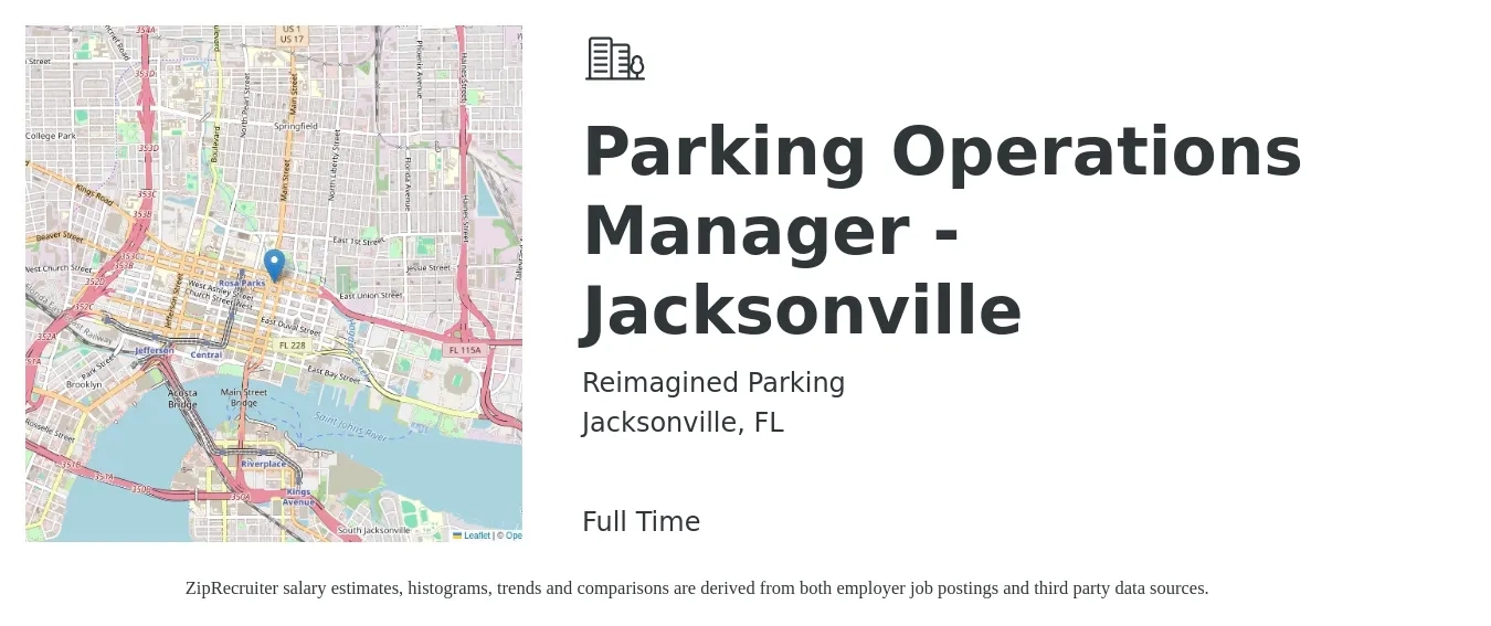 Reimagined Parking job posting for a Parking Operations Manager - Jacksonville in Jacksonville, FL with a salary of $38,000 to $71,800 Yearly with a map of Jacksonville location.