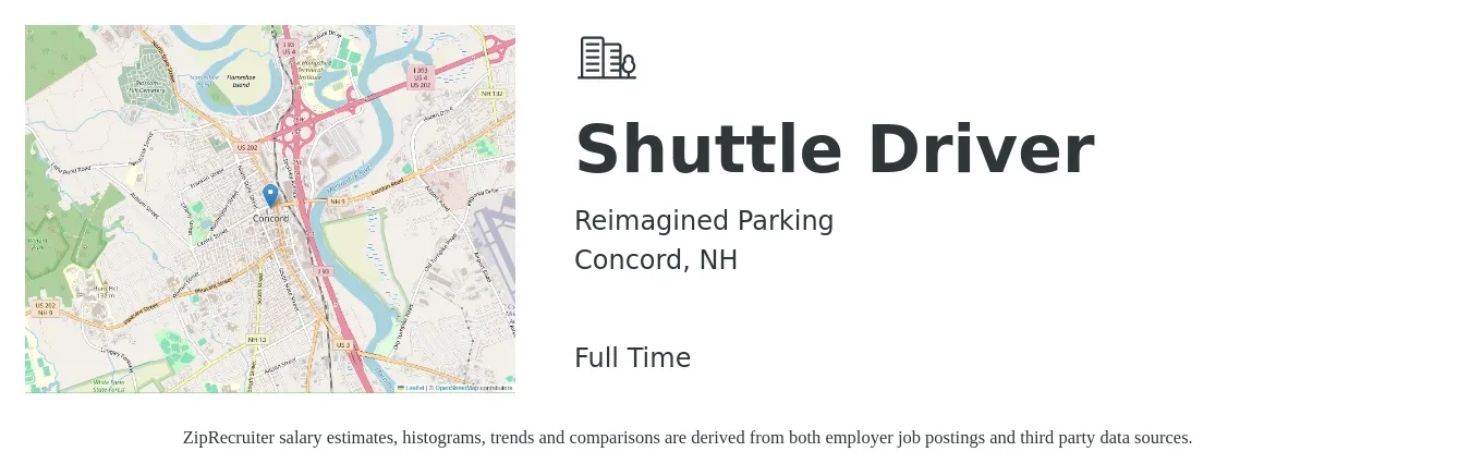 Reimagined Parking job posting for a Shuttle Driver in Concord, NH with a salary of $15 to $21 Hourly with a map of Concord location.