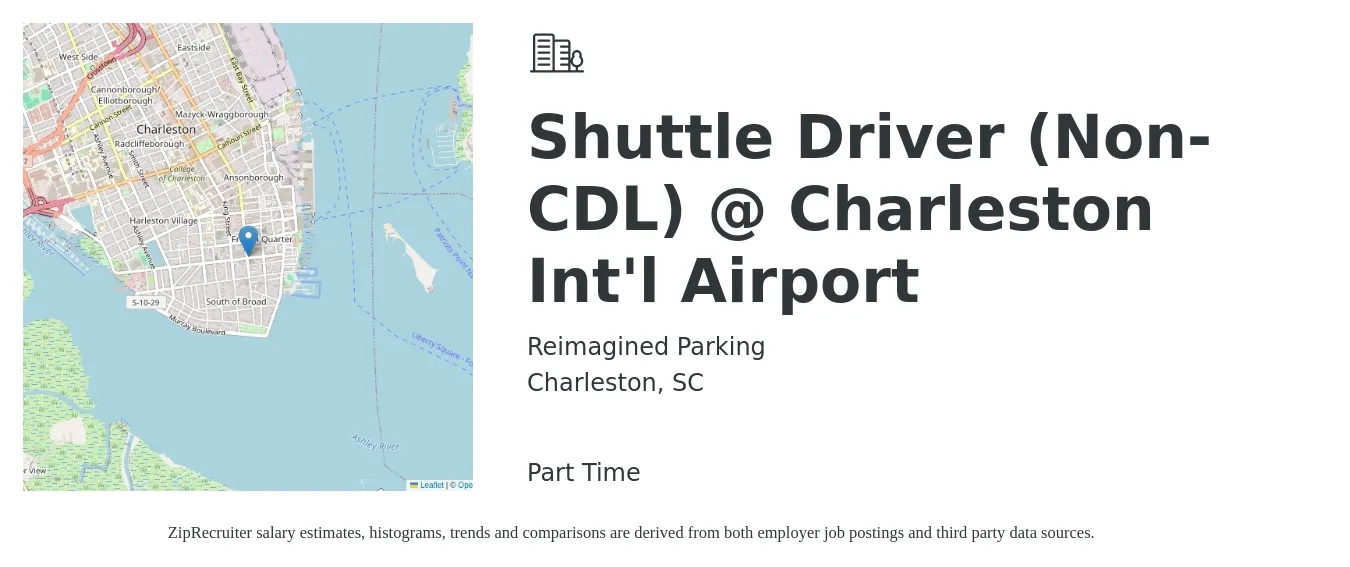 Reimagined Parking job posting for a Shuttle Driver (Non-CDL) @ Charleston Int'l Airport in Charleston, SC with a salary of $14 to $20 Hourly with a map of Charleston location.