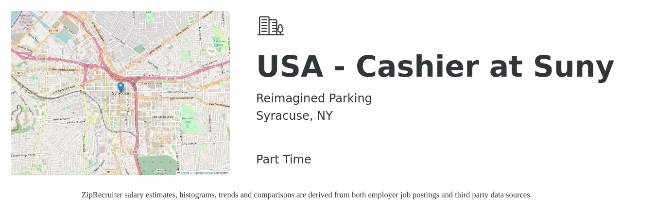 Reimagined Parking job posting for a USA - Cashier at Suny in Syracuse, NY with a salary of $12 to $16 Hourly with a map of Syracuse location.