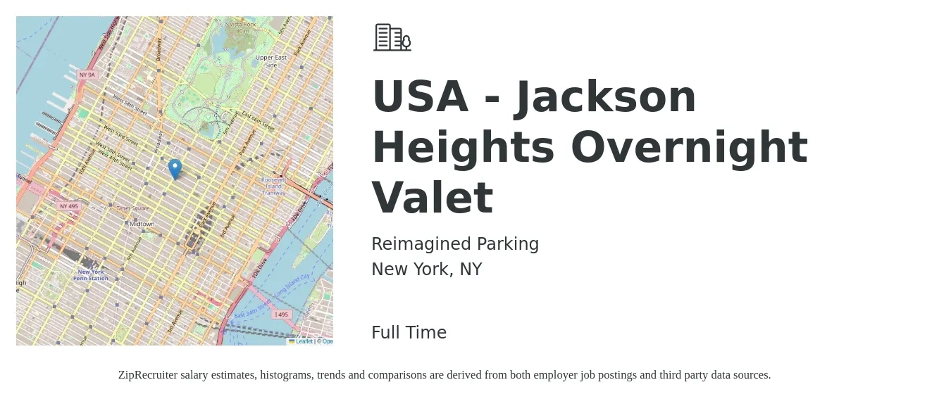Reimagined Parking job posting for a USA - Jackson Heights Overnight Valet in New York, NY with a salary of $14 to $19 Hourly with a map of New York location.