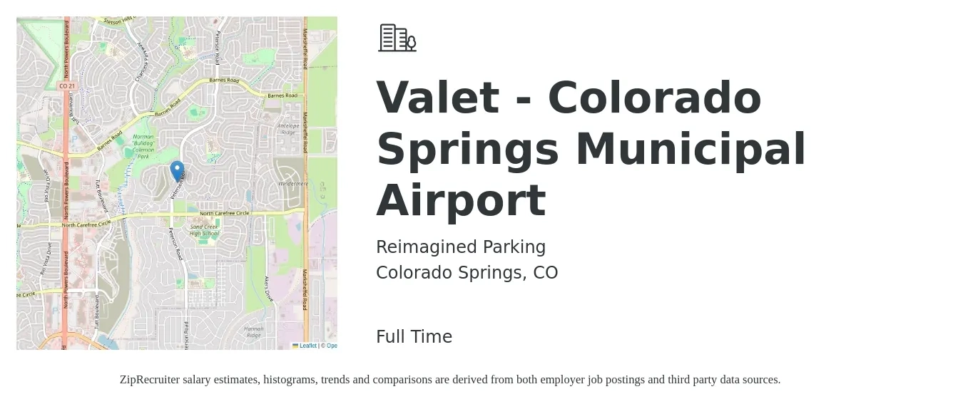 Reimagined Parking job posting for a Valet - Colorado Springs Municipal Airport in Colorado Springs, CO with a salary of $14 to $18 Hourly with a map of Colorado Springs location.